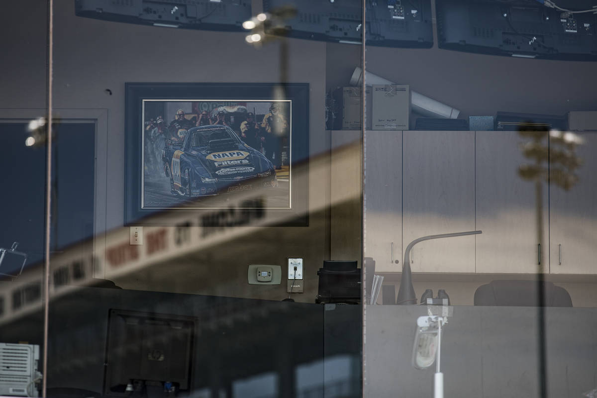 The media tower on The Strip at the Las Vegas Motor Speedway in Las Vegas, Sunday, April 5, 202 ...