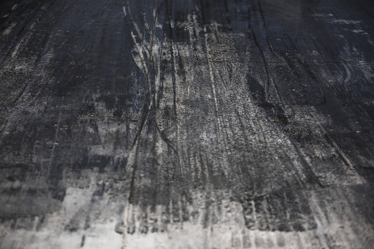 Tire marks on The Strip at the Las Vegas Motor Speedway in Las Vegas, Sunday, April 5, 2020. Su ...