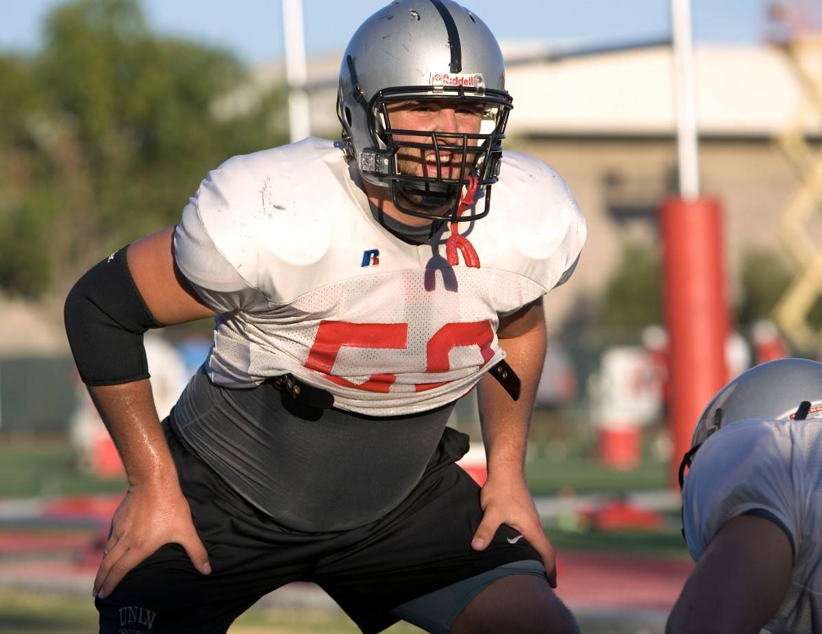 UNLV offensive lineman Joe Hawley lines up for a drill during practice at Rebel Park Wednesday, ...