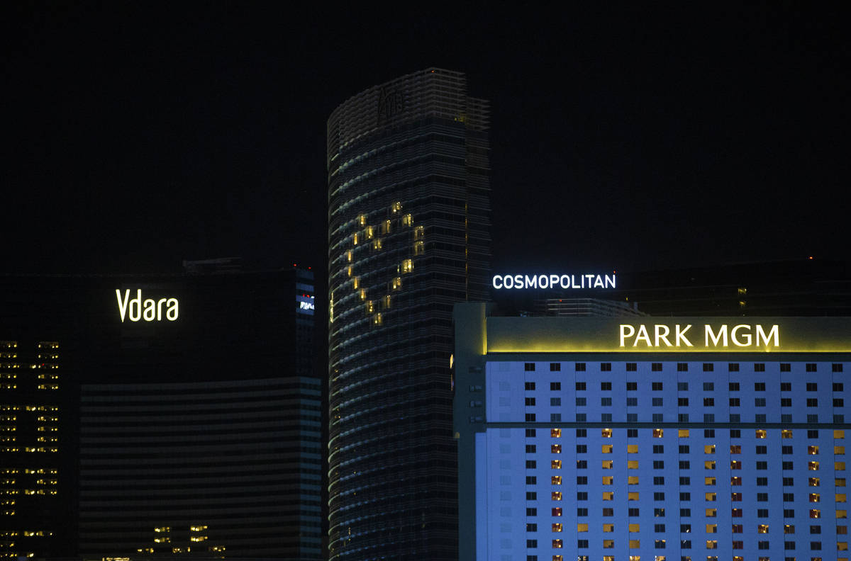 Aria displays signage showing support for Las Vegas during the coronavirus pandemic on Wednesda ...