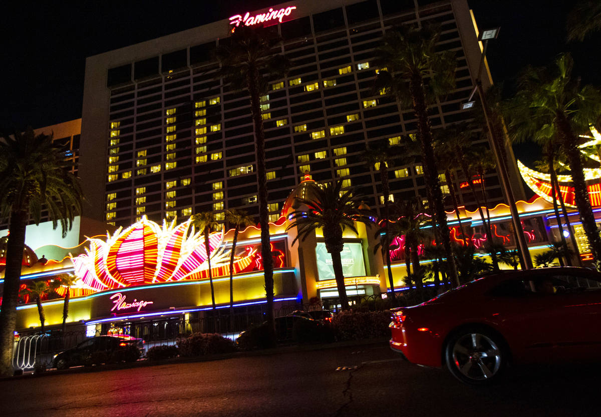 Lights through room windows are displayed at the Flamingo along the Las Vegas Strip on Wednesda ...