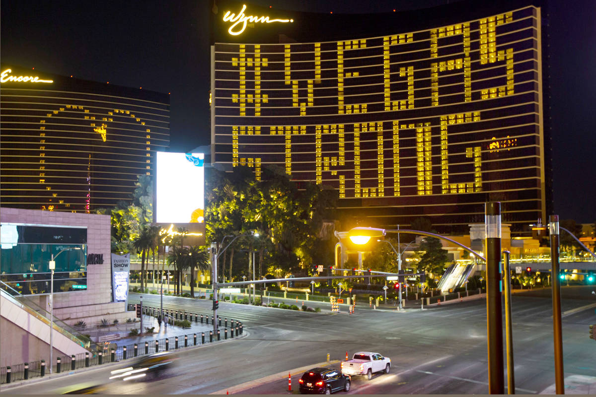 Lights through room windows are displayed at the Wynn Las Vegas along the Las Vegas Strip on We ...