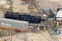 This aerial image taken from video provided by KABC-TV shows a Pacific Harbor Line train that d ...