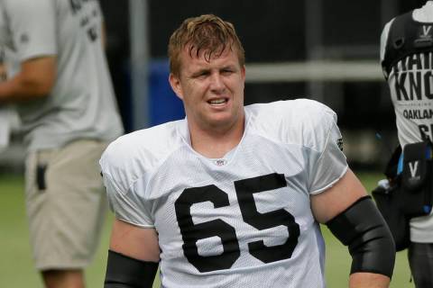 Oakland Raiders lineman Jordan Devey during NFL football training camp Monday, July 29, 2019, i ...