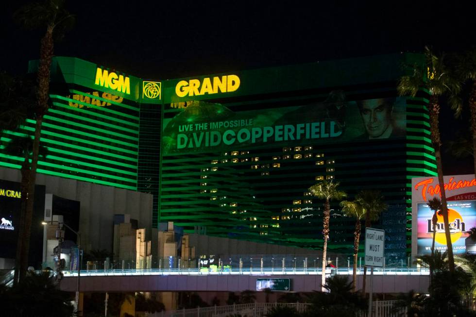 MGM Grand displays signage showing support for Las Vegas during the coronavirus pandemic on Wed ...