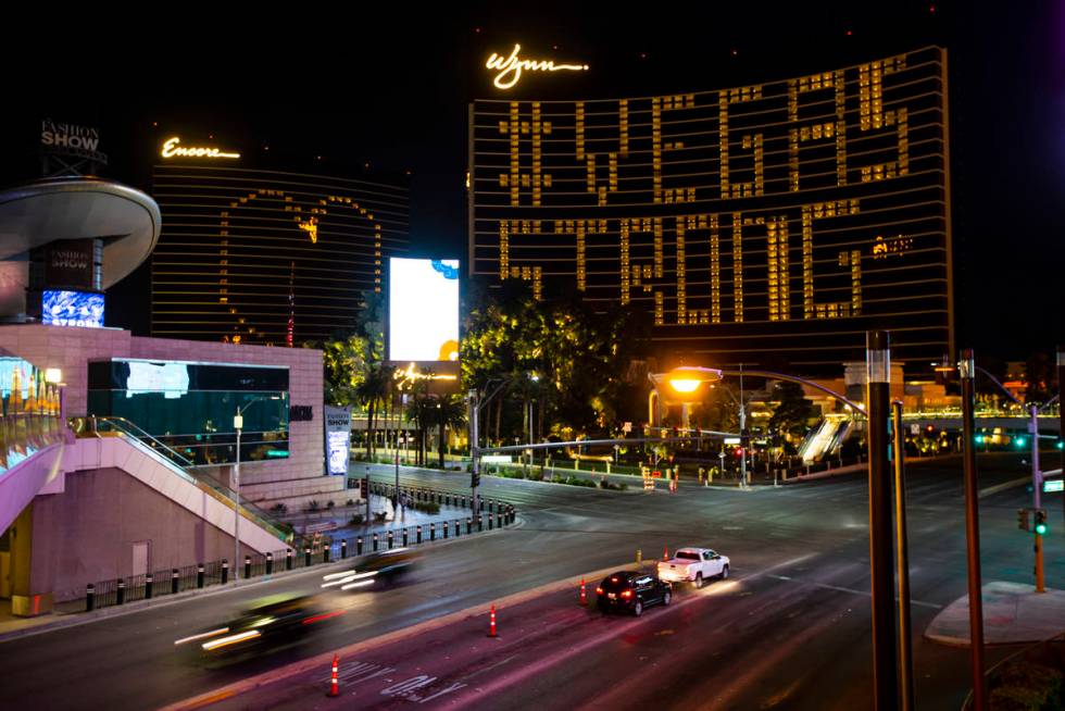 Lights through room windows are displayed at the Wynn Las Vegas along the Las Vegas Strip on We ...