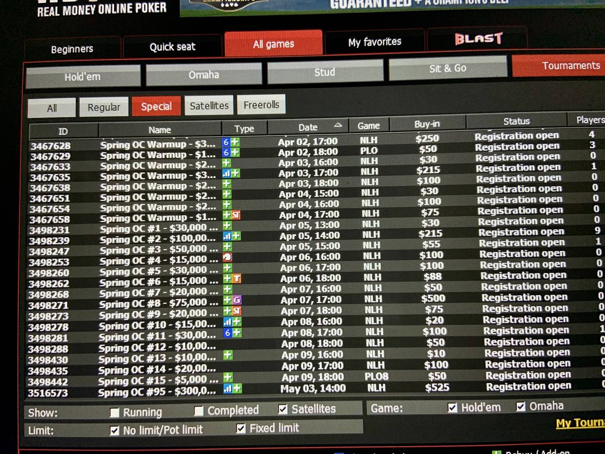 Upcoming WSOP.com Spring Online Championships events are listed in the site's tournament lobby. ...