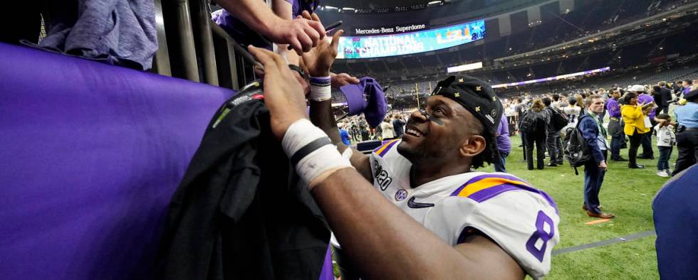 LSU linebacker Patrick Queen leaves the field after their win against Clemson in a NCAA College ...