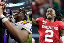 Louisiana State's Patrick Queen, left, and Oklahoma's CeeDee Lamb. (The Associated Press)
