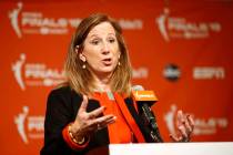In this Sept. 29, 2019, file photo, WNBA Commissioner Cathy Engelbert speaks at a news conferen ...
