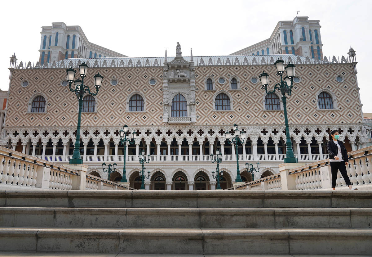 A lone pedestrian outside the Venetian Macao on April 10, 2020. (Inside Asian Gaming)