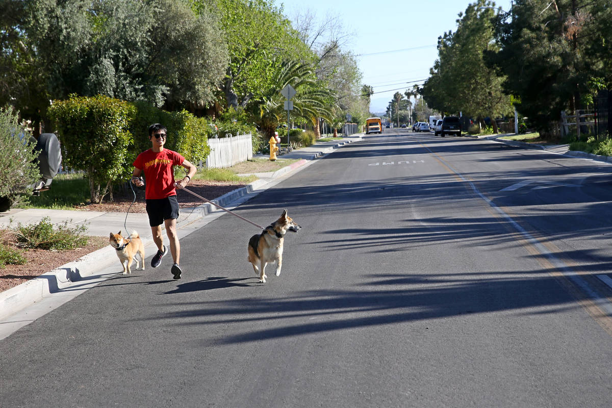 Joaquin Poblete of Las Vegas exercises with his dogs on 6th Street in the John S. Park neighbor ...