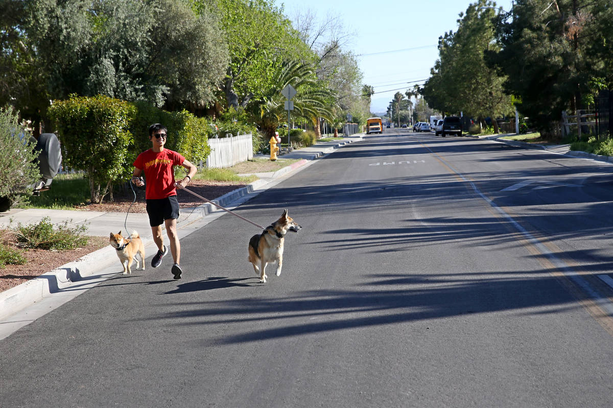 Joaquin Poblete of Las Vegas exercises with his dogs on 6th Street in the John S. Park neighbor ...
