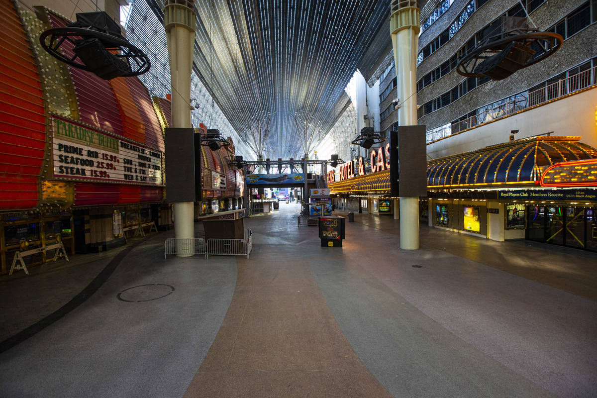 A closed off Fremont Street Experience in Las Vegas on Saturday, April 4, 2020. (Chase Stevens/ ...