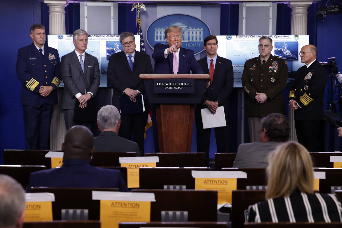 President Donald Trump speaks about the coronavirus in the James Brady Press Briefing Room of t ...
