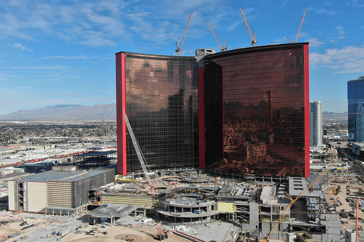 Aerial view of construction at Resorts World Las Vegas on the north Strip in Las Vegas Thursday ...