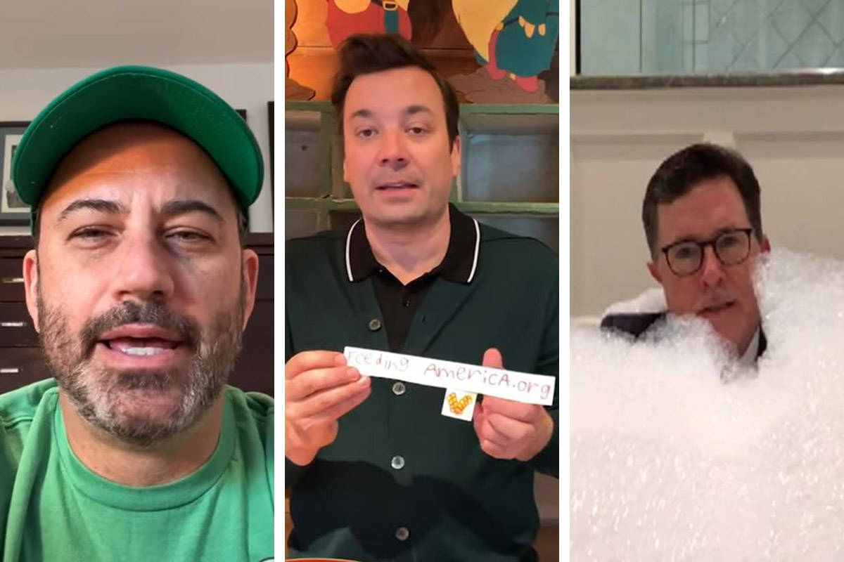 Jimmy Kimmel, from left, Jimmy Fallon and Stephen Colbert have taken to YouTube to continue the ...