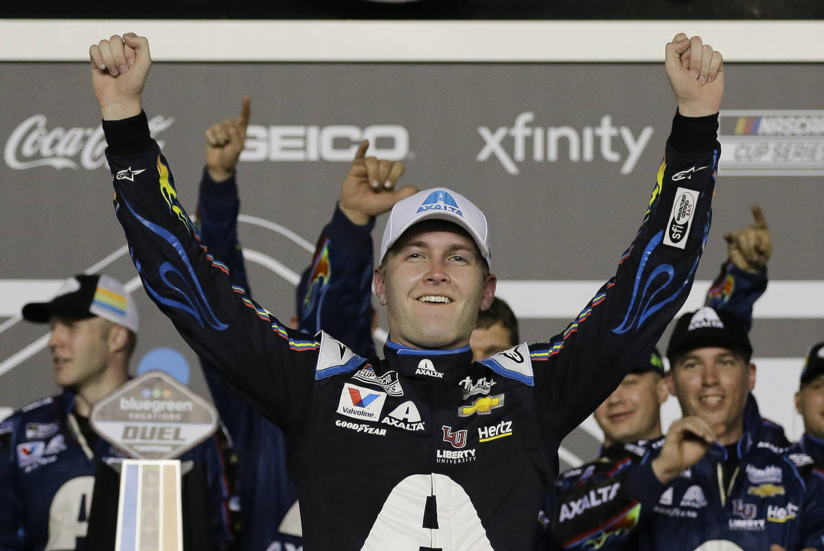 William Byron celebrates after winning the second of the two NASCAR Daytona 500 qualifying auto ...