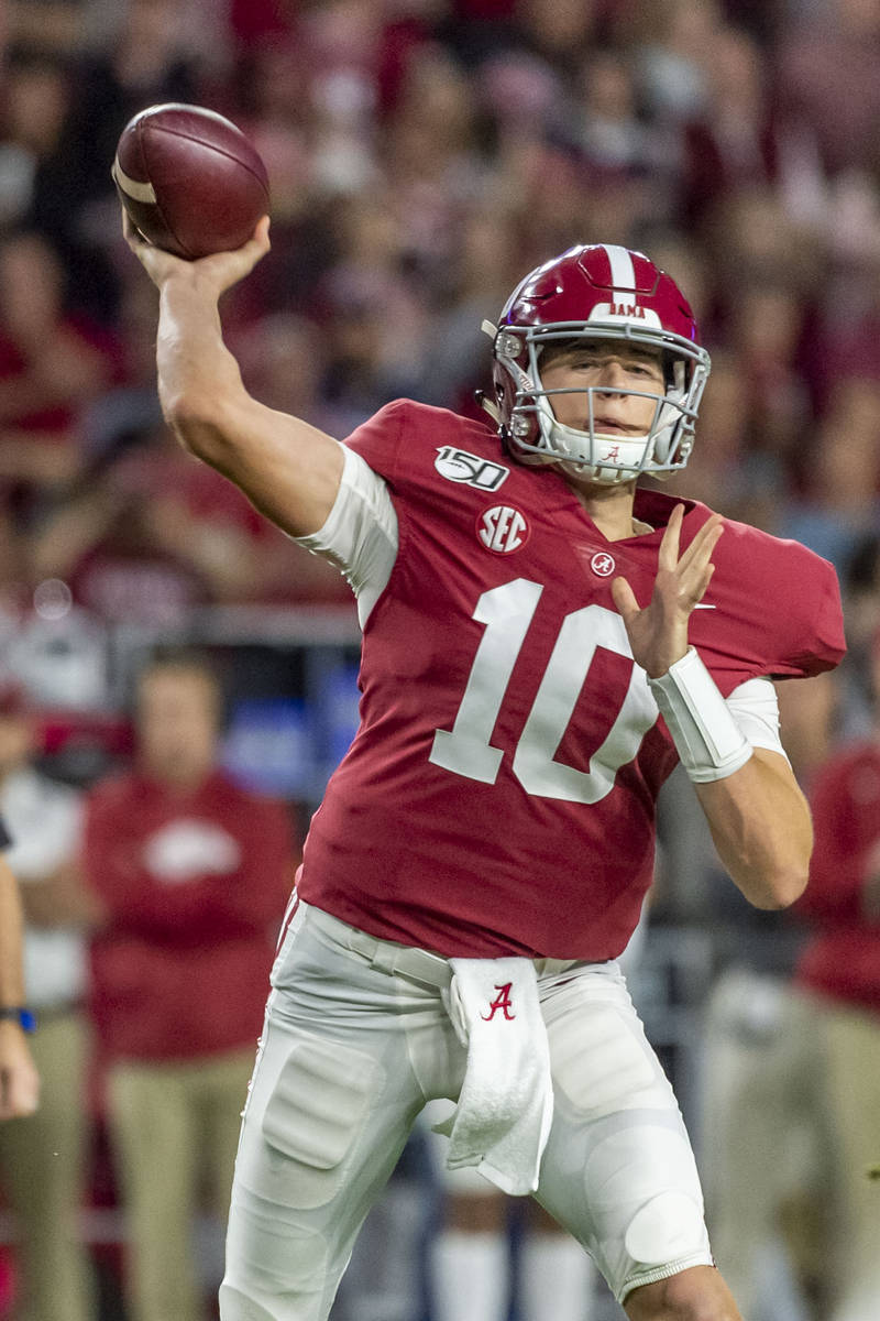 Alabama quarterback Mac Jones (10) throws the ball against Arkansas during the first half of an ...