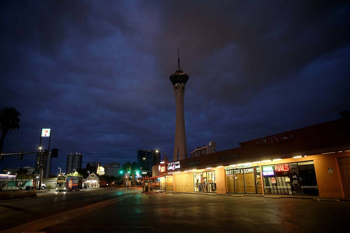 Las Vegas Boulevard at Oakey Boulevard in Las Vegas Tuesday, April 7, 2020. Rain is expected in ...