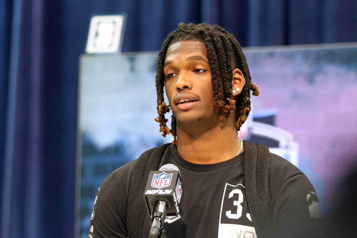 Oklahoma wide receiver Ceedee Lamb speaks during a news conference at the NFL scouting combine ...