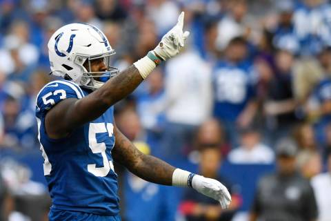 Indianapolis Colts' Darius Leonard (53) reacts during the second half of an NFL football game a ...