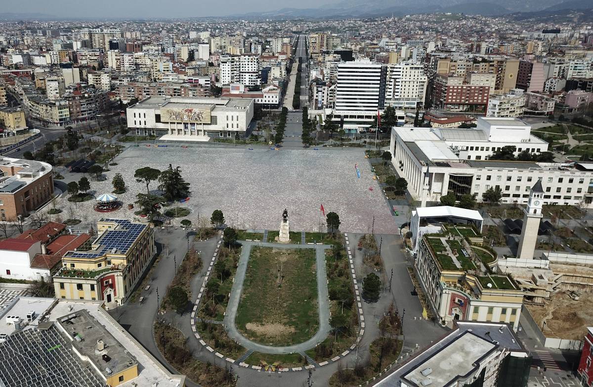 The empty Tirana's main Skanderbeg Square, is seen for above on Sunday, March 22, 2020. Albania ...