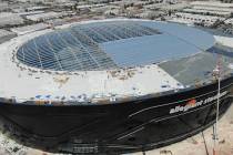 Crews installing roof panels at Allegiant Stadium on April 1, 2020. (Micheal Quine/ Las Vegas R ...
