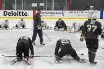 Vegas Golden Knights' forward Reid Duke (37) listens to the Chicago Wolfs' coach Rocky Thompson ...