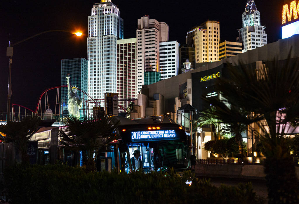 A bus stops outside of the MGM Grand in Las Vegas on Monday, March 16, 2020. MGM Resorts Intern ...