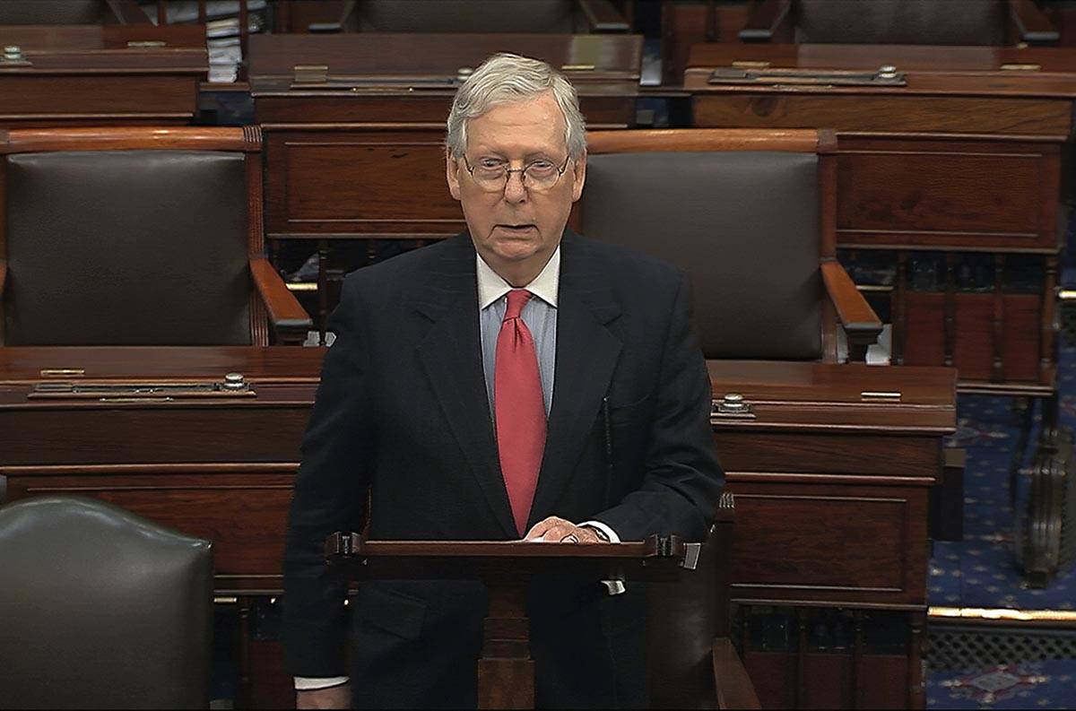 In this image from video, Senate Majority Leader Mitch McConnell, R-Ky., speaks on the Senate f ...