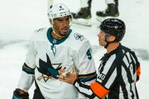San Jose Sharks left wing Evander Kane (9) argues with a referee after fighting with Vegas Gold ...