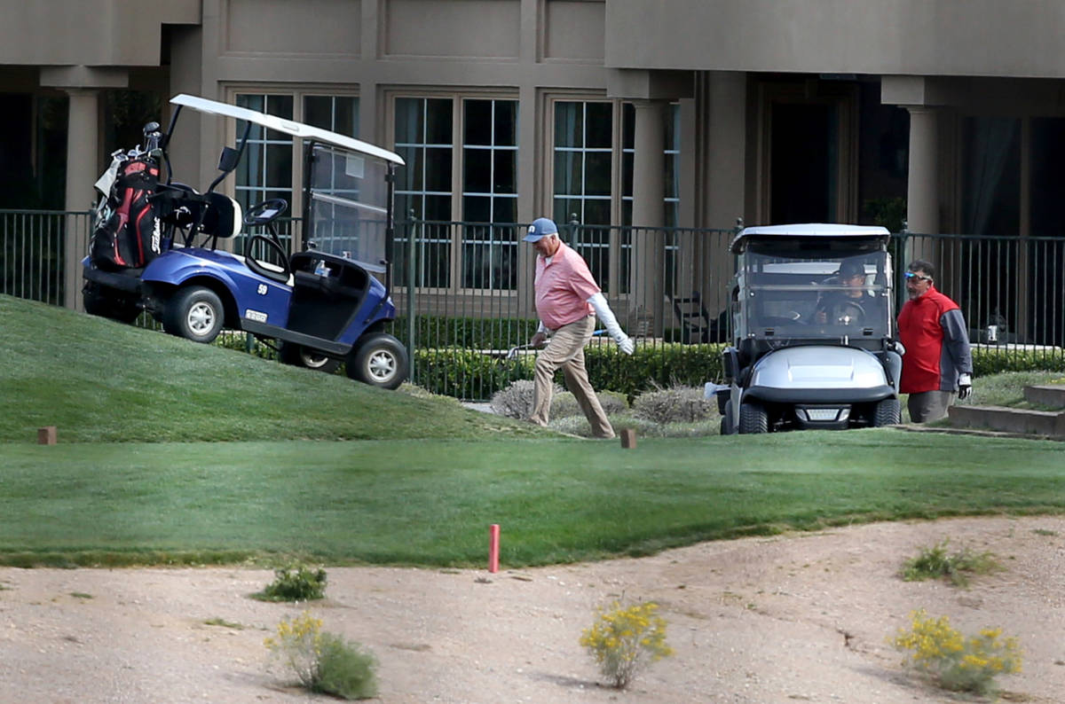 Golfers at Canyon Gate Country Club in Las Vegas Thursday, April 9, 2020. (K.M. Cannon/Las Vega ...