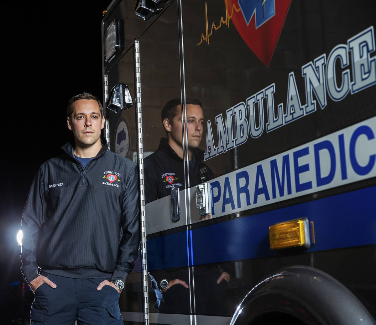 Paramedic Jeff Yost at Community Ambulance on Wednesday, April 8, 2020, in Henderson. (Benjamin ...