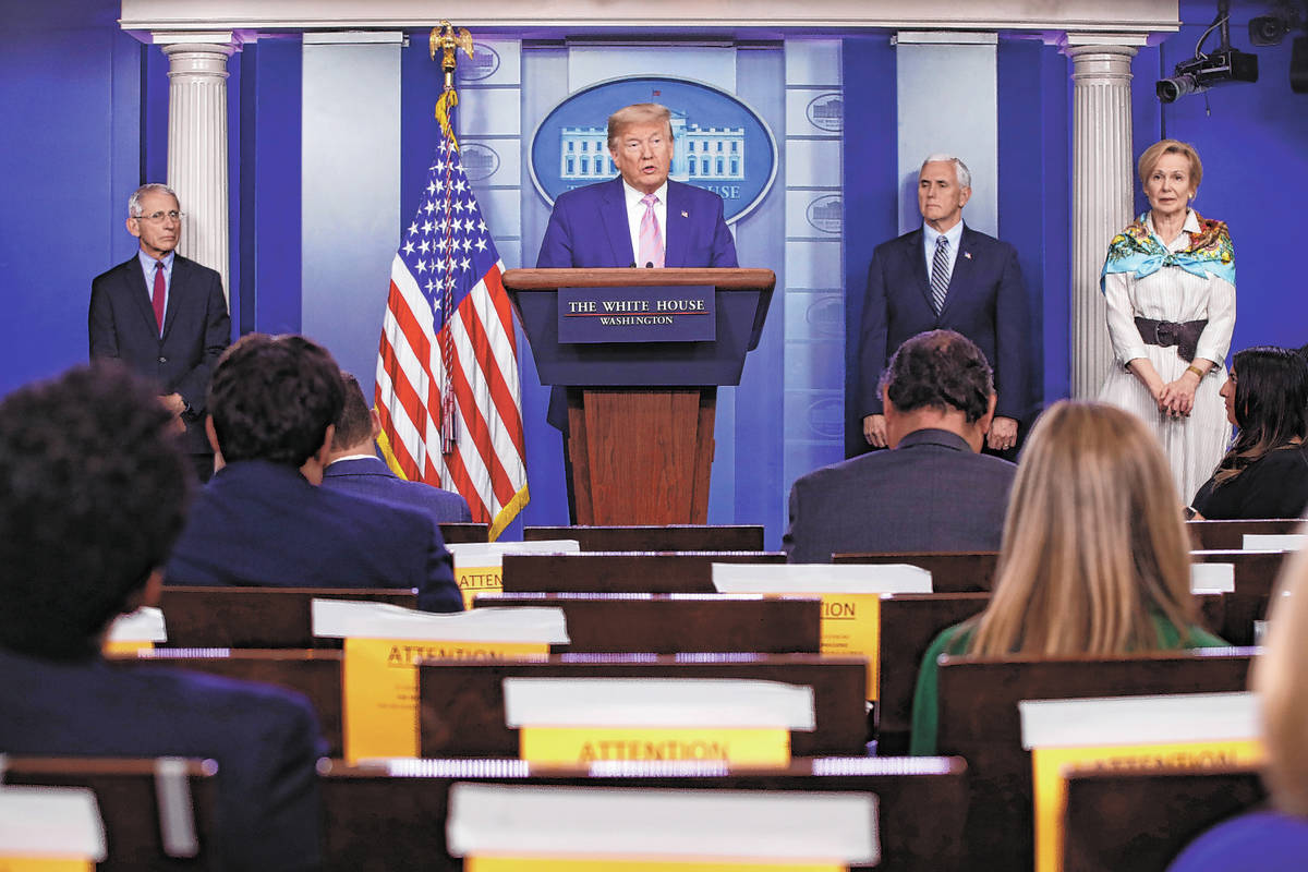 President Donald Trump speaks during a coronavirus task force briefing at the White House, Satu ...