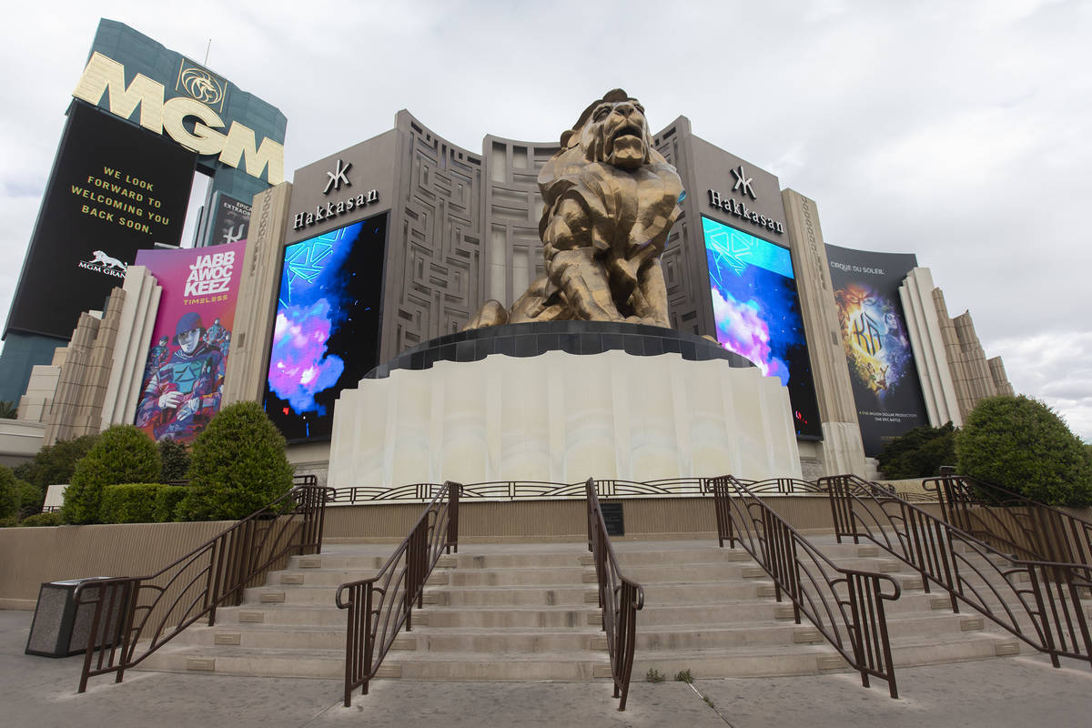 The stairs in front of the MGM lion has no tourists in front of it on Wednesday, March 18, 2020 ...