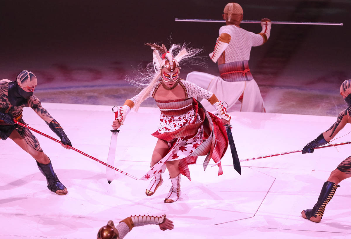 Members of Cirque du Soleil's “Ka” perform on the first intermission du ...