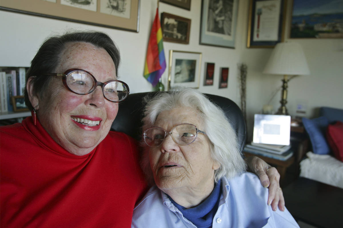 FILE - In this Dec. 17, 2004, file photo, Phyllis Lyon, left, and her partner Del Martin, right ...