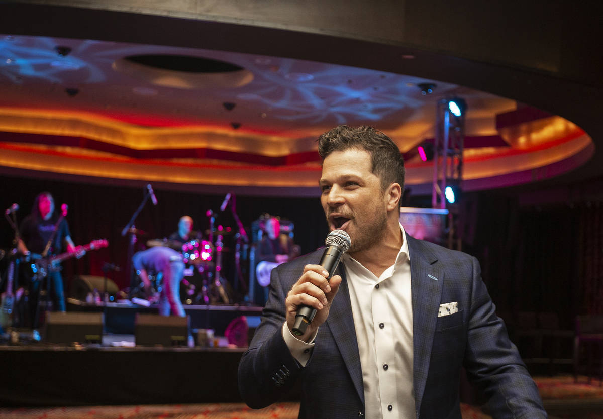 Host Mark Shunock speaks during an event to say goodbye to the Hard Rock Hotel on Saturday, Feb ...