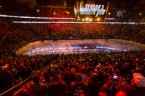 Season 3 starts sign above the crowd and on the ice before the start of the first period of the ...