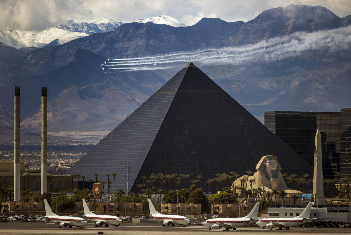 The U.S. Air Force Air Demonstration Squadron "Thunderbirds" soar past the Luxor during their f ...