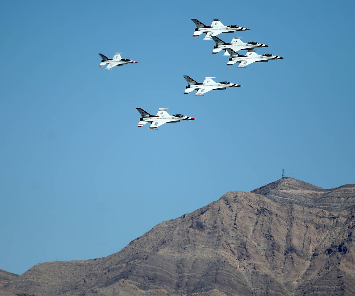 U.S. Air Force Air Thunderbirds perform a flyover in Las Vegas to honor front line COVID-19 res ...