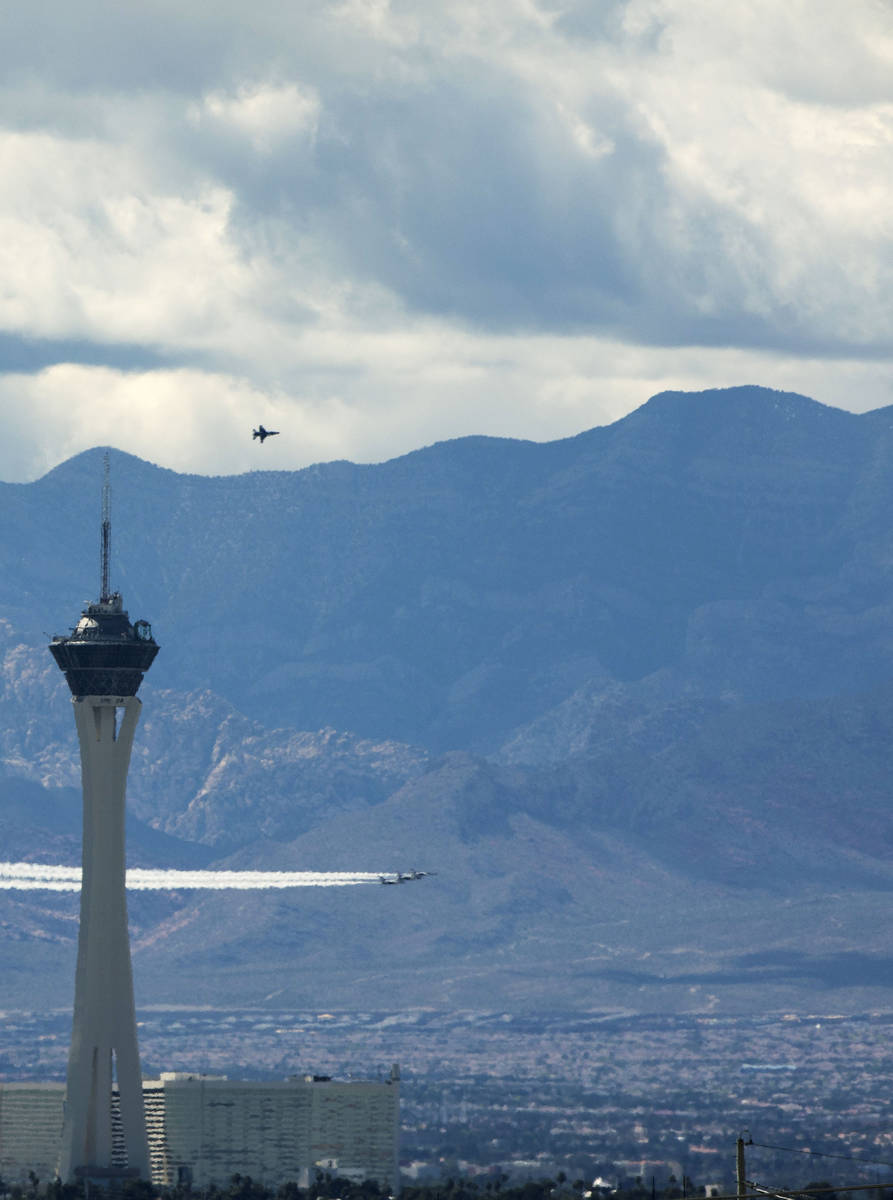 The U.S. Air Force Air Demonstration Squadron, the "Thunderbirds" fly past the Stratosphere in ...