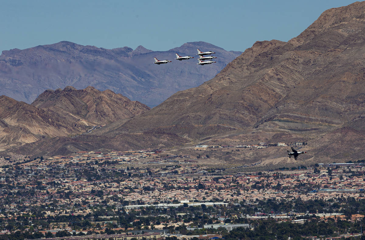 The U.S. Air Force Thunderbirds fly in formation above the Las Vegas Valley on Saturday, April ...