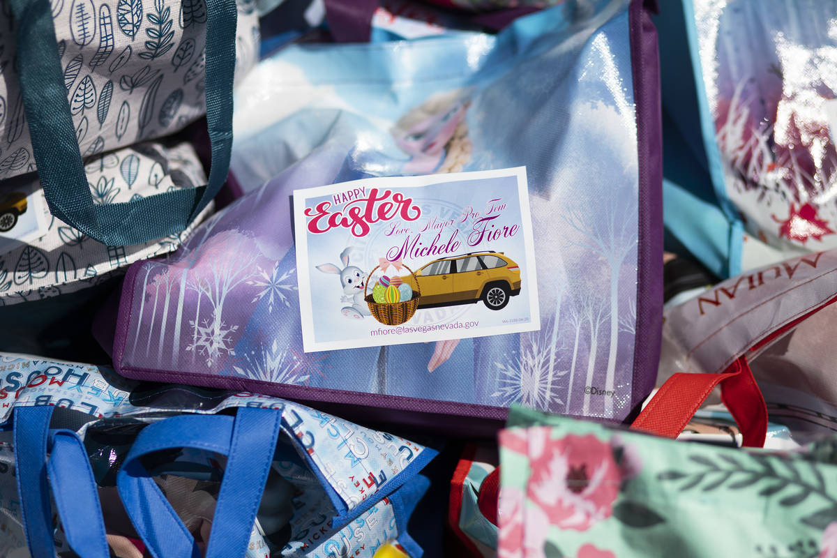 Easter baskets await pick up by community members at Mountain Ridge Park on Saturday, April 11, ...