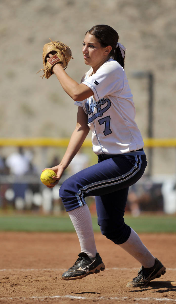 Centennial High School's Jennifer Watkins readies her pitch during the during the Nevada State ...
