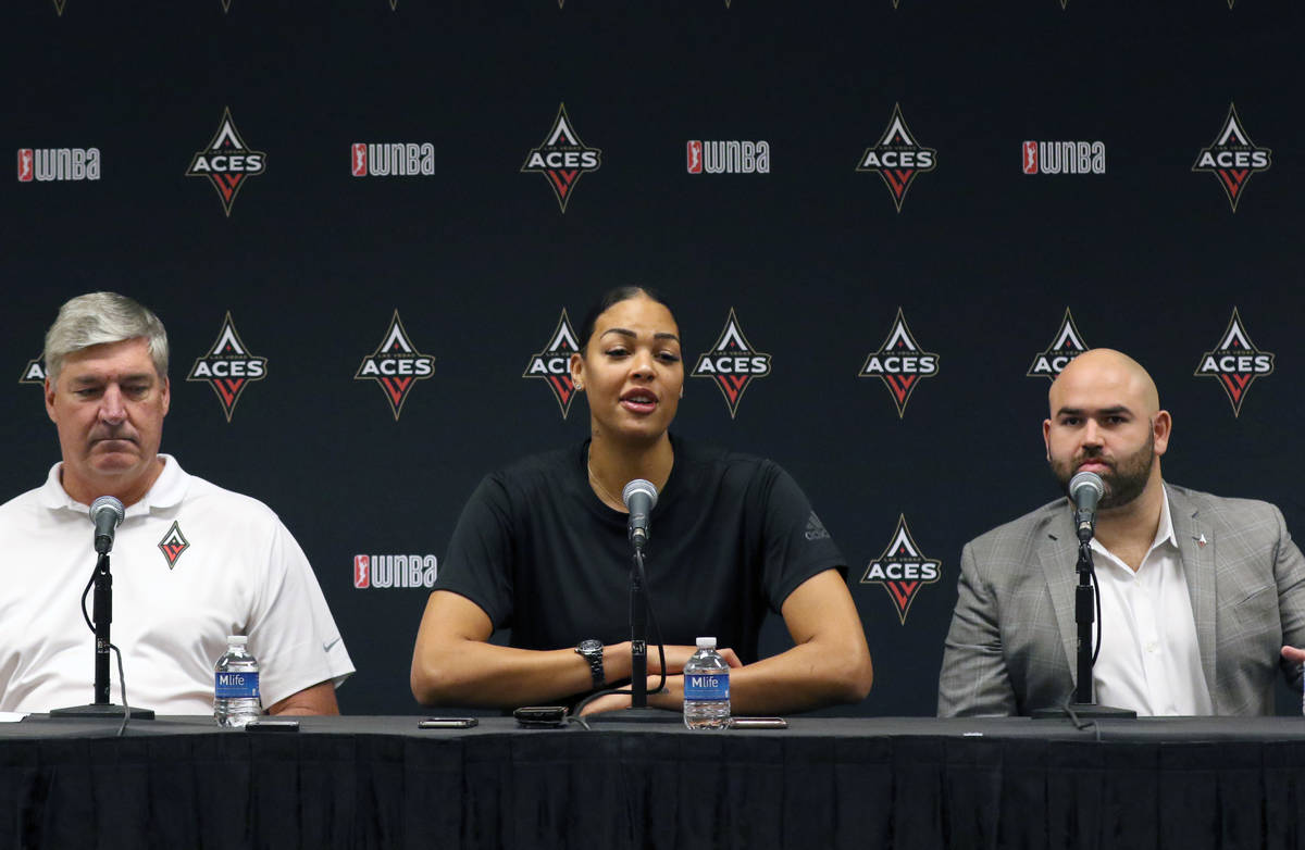 Las Vegas Aces' head coach Bill Laimbeer, left, and General Manager Dan Padover, right, listen ...