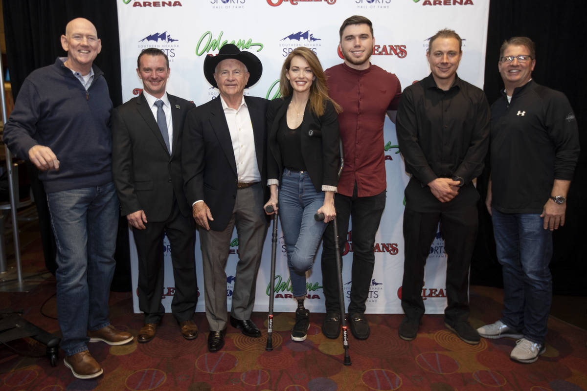 The Southern Nevada Sports Hall of Fame class of 2020 and SNSHF administration poses for a port ...