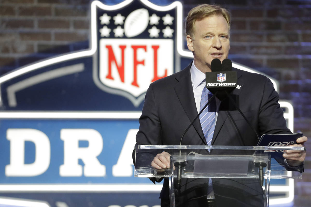 FILE - In this April 25, 2019, file photo, NFL Commissioner Roger Goodell speaks ahead of the f ...