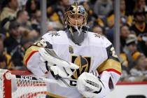 Vegas Golden Knights goaltender Marc-Andre Fleury plays in an NHL hockey game against the Pitts ...